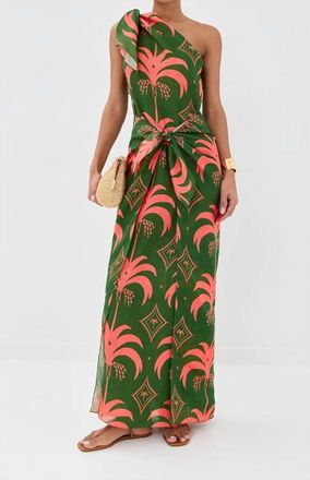Johanna Ortiz Seaweed Linen Ankle Dress In Green/peach