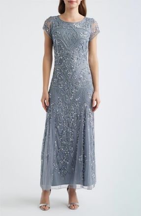 Pisarro Nights Beaded Mesh Midi Cocktail Dress in Ice Blue at Nordstrom, Size 20
