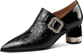 TinaCus Pointed Toe Patent Leather Handmade Zipper with Buckle Mid Cone Heels Womens Pumps Shoes, Black, 2 UK