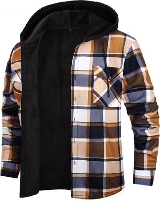 Generic Fleece Lined Hoodie Men Winter Heavy Warm Sherpa Lined Flannel Plaid Coats Plus Size Casual Thicken Thermal Button Down Outdoor Hiking Work Hooded Jac