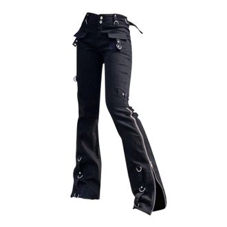Generic Trousers Gothic Punk Cargo Trousers Harajuku Streetwear Womens High Waist Black Jeans Bootcut Womens Jeans Stretch Flared Trousers with Zip Pants Y2K 