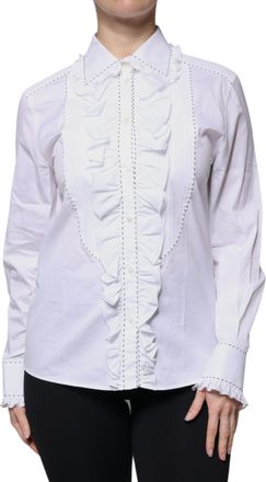 Dolce & Gabbana White Cotton Long Sleeves Ruffle Collar Womens Top (Pre-Owned)
