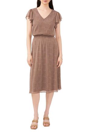 Chaus Dot Print Smock Waist Flutter Sleeve Midi Dress in Mocha /White at Nordstrom, Size X-Large