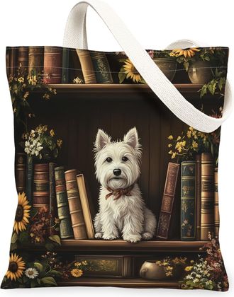 Generic Spring Westie Dog Canvas Tote Bag for Shopping 13x15, Flower Bookshelf Puppy Reusable Grocery Print Bag for Women, Fun Pet Beach Aesthetic Painting Gi