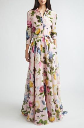 Carolina Herrera Blurred Rose Print Linen & Silk Trench Gown in Rosewater Multi at Nordstrom, Size 10