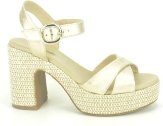 Nero Giardini Raffia Sandaal met Gouden Details - Dames - Sandalen met hakken - Geel - 36 EU - Schoenen
