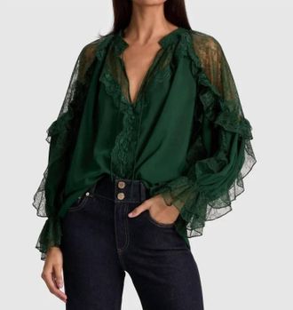 Alice & Olivia Aleena Lace Blouse In Dark Green