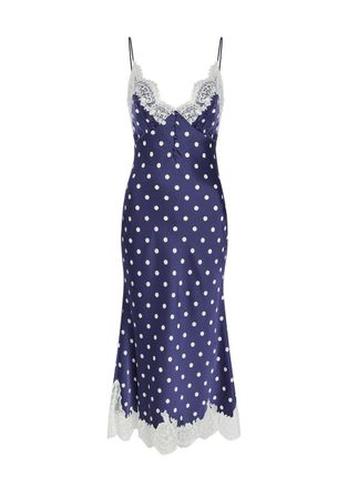 Self Portrait Polka dot Lace-trim Satin Midi Dress - Navy - 14 (UK14 / L)