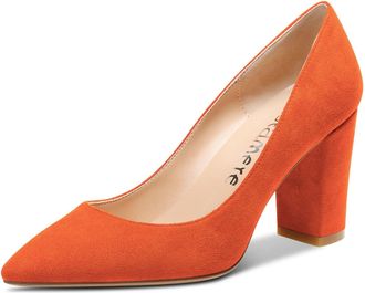 Castamere Womens Mid Chunky Block Heel Pointed Toe Slip-on Office Pumps Court Shoe Wedding Dress Cute Classic Shoes 8CM Heels Orange Suede 4.5 UK