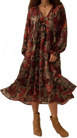 Promesa Floral-Print Tiered Ruffle Long-Sleeve Midi Dress In Sand