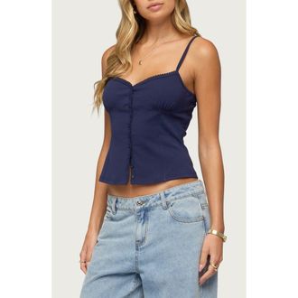 Edikted Delia Sweetheart Button-Up Stretch Cotton Tank in Navy at Nordstrom, Size X-Small