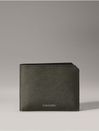 Calvin Klein Mens Saffiano Leather Card Case Bifold Wallet - Grey