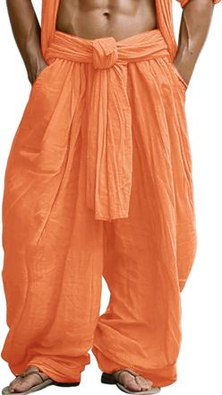 Generic Mens Baggy Casual Cotton Linen Pants Loose Straight Wide Leg Lounge Cinch Bottom Jogger Sweatpants Harem Trousers Pull On Comfy Paper Bag Work Slacks 