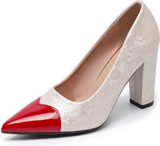 Generic Womens Pointed Toe Colorblock Retro Pumps High Block Heel Slip On Business Wedding Party Dress Shoes (5.5,Apricot)