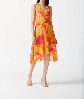 Joseph Ribkoff Tropical Print Faux Wrap Print Midi Dress In Pink/multi