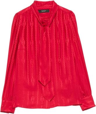 Gucci Overhemden, Dames, Rood, 2Xs, Interlocking G Chain Zijde Jacquard Blouse