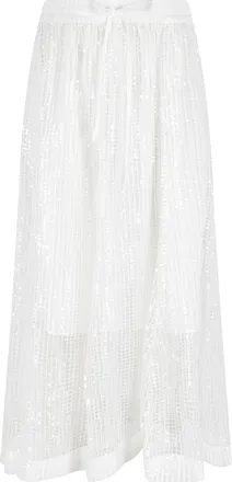 Meimeij White Sequin Appliques Mesh Elastic Waistband Polyester Midi Skirt