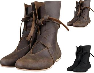 Generic Wide Fit Boots For Women uk Leather Retro Cosplay Cowboy Soft Comfortable Leisure Medieval Lace-Up Comfortable Casual Vintage Lace Up Flat Bottom