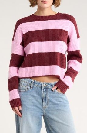 Abound Cozy Crew Pullover Sweater in Pink Flower- Burgundy Stripe at Nordstrom Rack, Size X-Small