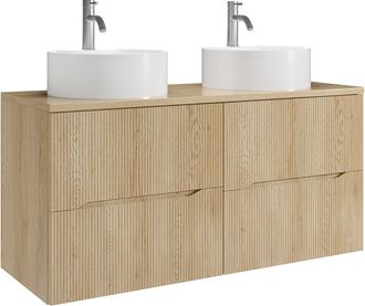 Vente-Unique Mueble de ba&ntilde;o suspendido estriado con lavabo sobre encimera redondo y grifo - Natural claro - 120 cm - ORISO