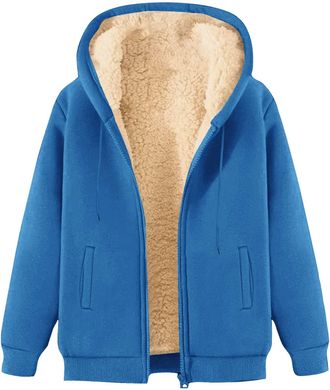Generic Fleece Jacket Women Unisex Fleece Jackets Full Zip Warm Oversized Top Hoodies Solid Color with Pockets Sweater Outwear Transition for Daily Commute, T