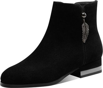Generic Womens Round Toe Ankle Boots Suede-Like Fabric Low Block Heels With Side Zipper Crystal Feather Pendant Solid Color Durable Stylish Design,Black,4.5 U