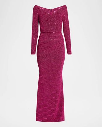 Talbot Runhof Sequined Off-Shoulder Long-Sleeve Gown