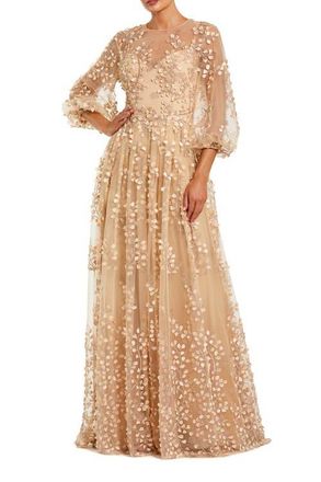 Mac Duggal Embroidered Puff Sleeve A-Line Gown in Champagne at Nordstrom, Size 20