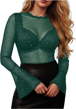 Generic T Shirts for Women UK Fashion Dressy Blouses for UK Women Mesh Tops Rhinestone Tops Long Bell Sleeve Blouses Glitter Shirts Sexy Clubwear Outfits T Ne