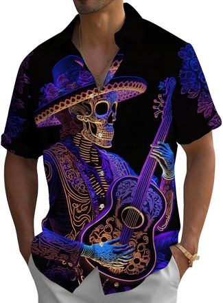 Generic Funny Hawaiian Shirts for Men Casual Skull Button Down Shirt Day of The Dead Novetly Day of The Dead Ethnic - Style Skulls L