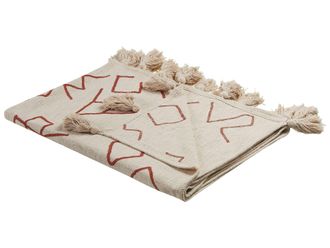 Beliani Coperta Di Cotone Plaid Fatto A Mano Con Nappe 130 X 180 Cm Beige E Rosso Bhiwani