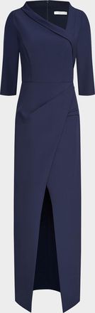 Kay Unger Helena 3/4-Sleeve Stretch Crepe Column Gown