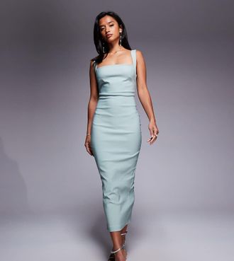 Vesper Vestito in bengalina color salvia con scollo squadrato, schiena scoperta e gonna al polpaccio-Verde