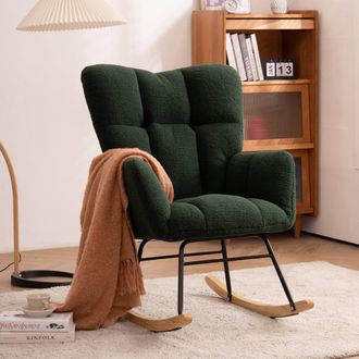 Direct Wicker Modern Teddy Fabric Tufted Upholstered Rocking Chair Padded Seat in Dark Green | Size: 1 Pack