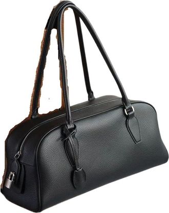 Generic Minimalist Luxury Full Leather Long Handle Underarm Bowling Bag Single Shoulder India Style For Daily Use Soft Shell Zipper O(Black)