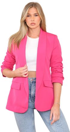 Janisramone Ladies Ruched Sleeve Blazers for Women UK, Plain Fully Lined Open Collared Ladies Blazer Jackets with Front Pockets, Stylish Casual Womens Office Wear