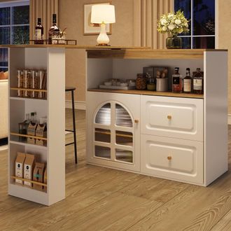 Merax White Rotating Kitchen Island Bar Table with Arched Glass Door