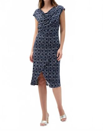 Joseph Ribkoff Geometric Cowl Wrap Dress In Midnight Blue/multi