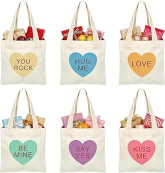 Generic Mini Conversation Heart Canvas Bag,6/12 PCS Valentines Day Tote Heart Bags,Adorable Reusable Canvas Gift Tote Bags (6pc)