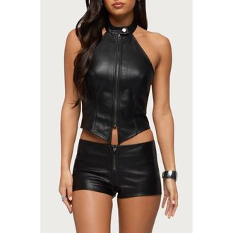 Edikted Diana Zip Faux Leather Halter Top in Black at Nordstrom, Size X-Large