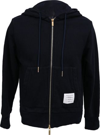 Thom Browne Loopback Zip-Up Hoodie in Navy Blue Cotton