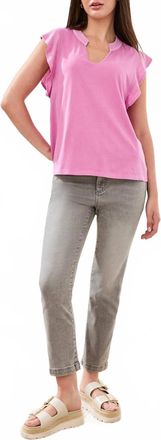 Tribal Ruffle Sleeve V-Neck Top In Orchid Glow
