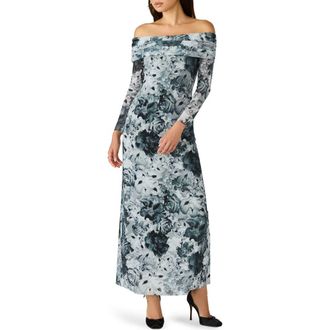 Steve Madden Ashby Floral Off the Shoulder Long Sleeve Maxi Dress in Floral Glowlight-Grey at Nordstrom Rack, Size X-Large