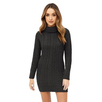 Janisramone Ladies Polo Neck Cable Knit Jumper Dress, Mini Bodycon Pullover, Long Sleeve Turtleneck Womens Sweater, Winter Knitted Casual & Party Wear Charcoal