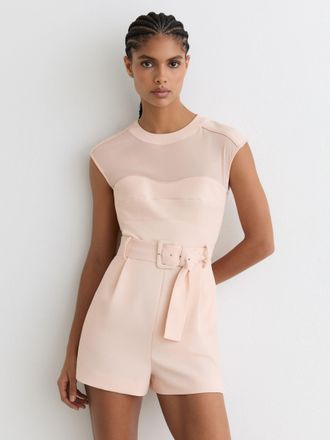 Reiss Pale Pink Sheer-panel Structured Belted Playsuit, 10