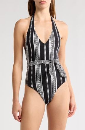 Lemlem Lidya Tie Waist Halter One-Piece Swimsuit in Luchia Black at Nordstrom Rack, Size X-Large
