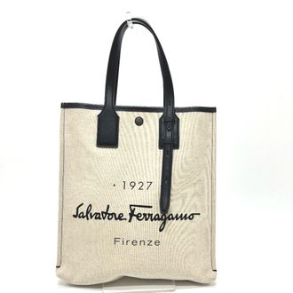 Ferragamo Beige Black Canvas Handbag Tote Bag (Pre-Owned)