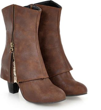 Generic Womens Faux Leather Chunky Heel Ankle Boots with Side Zipper Comfortable Walking Short Shoes,Brown,5.5 UK