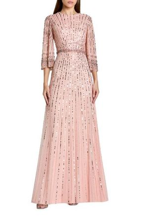 Mac Duggal High Neck Embellished Gown With 3/4 Sleeves in Rose at Nordstrom, Size 12