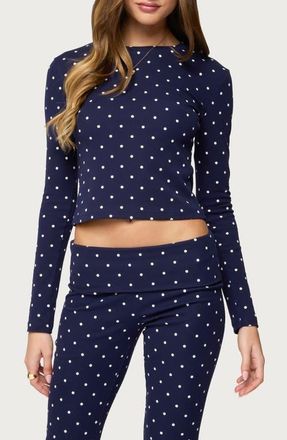 Edikted Daliya Polka Dot Crop Stretch Cotton T-Shirt in Navy at Nordstrom, Size X-Small